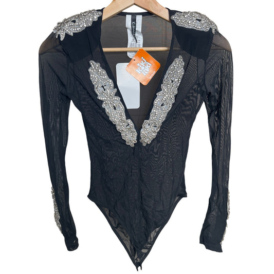 Y2K KikiRiki Small Black Rhinestone NWT Mesh Bodysuit