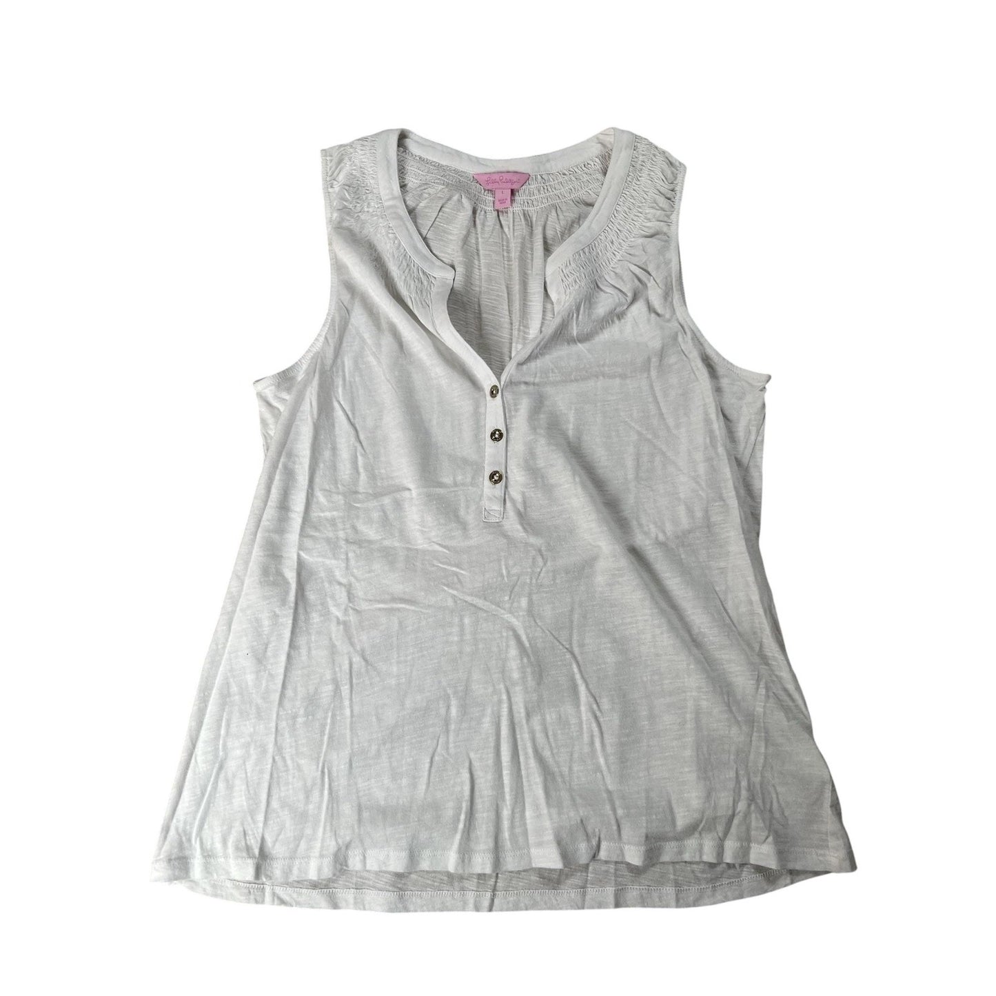 Lilly Pulitzer Tank Womens L White Henley Button 100% Cotton Jersey Lightweight