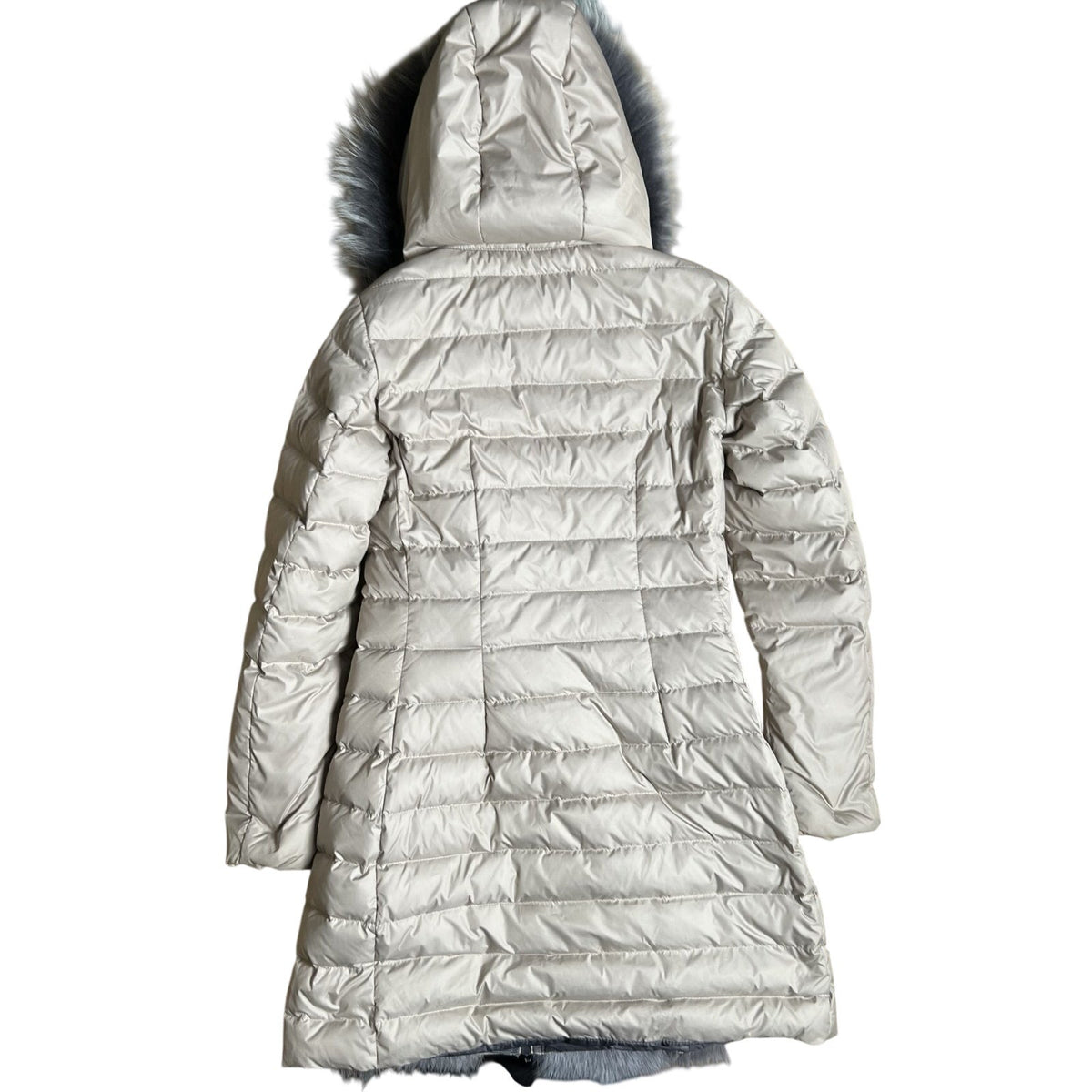 La Canadienne Coat Womens M Beige Puffer Leather Panel Fur Trim Hooded Long