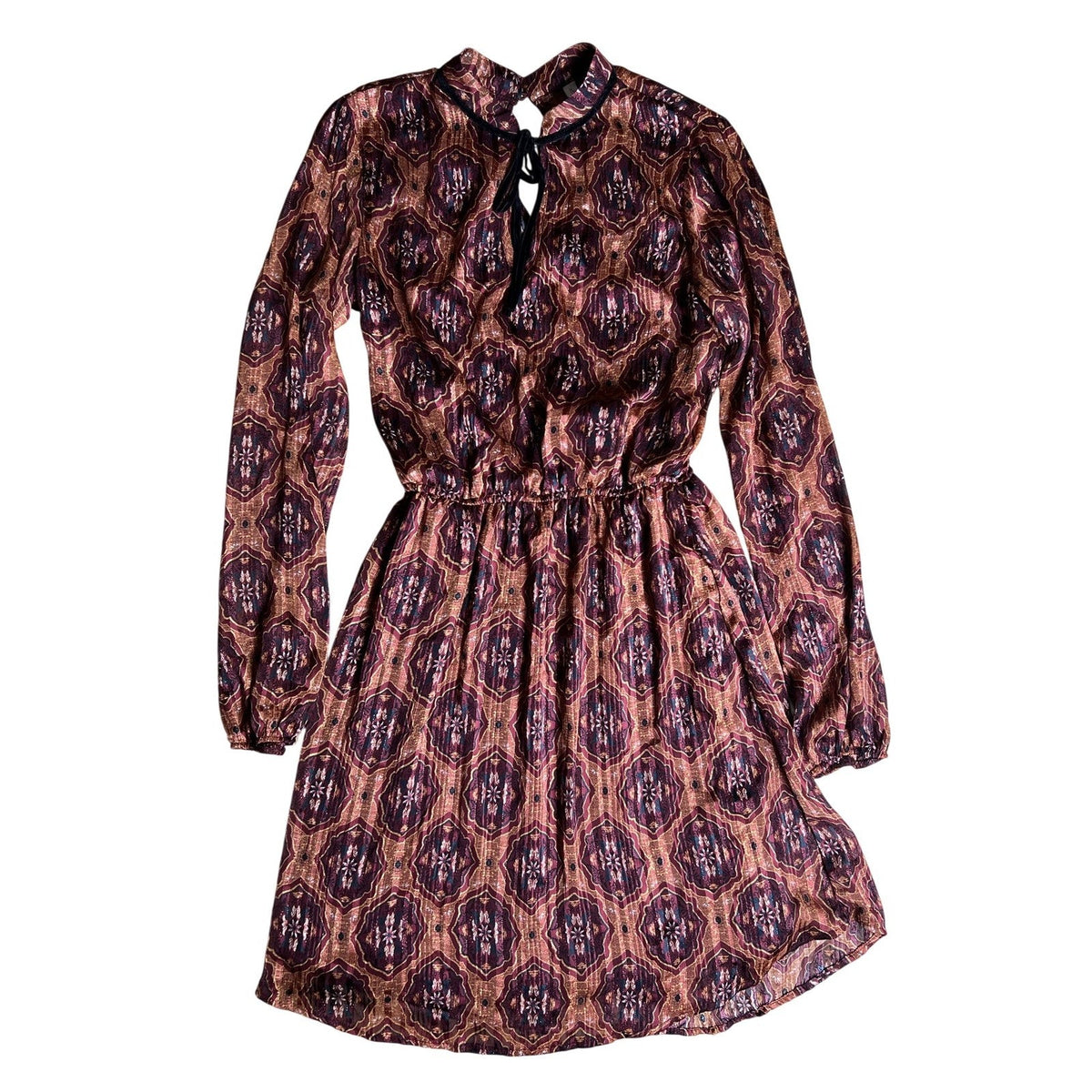 Xhilaration Dress Womens XS Purple Fit & Flare High Neck Puff Sleeve Ruffle