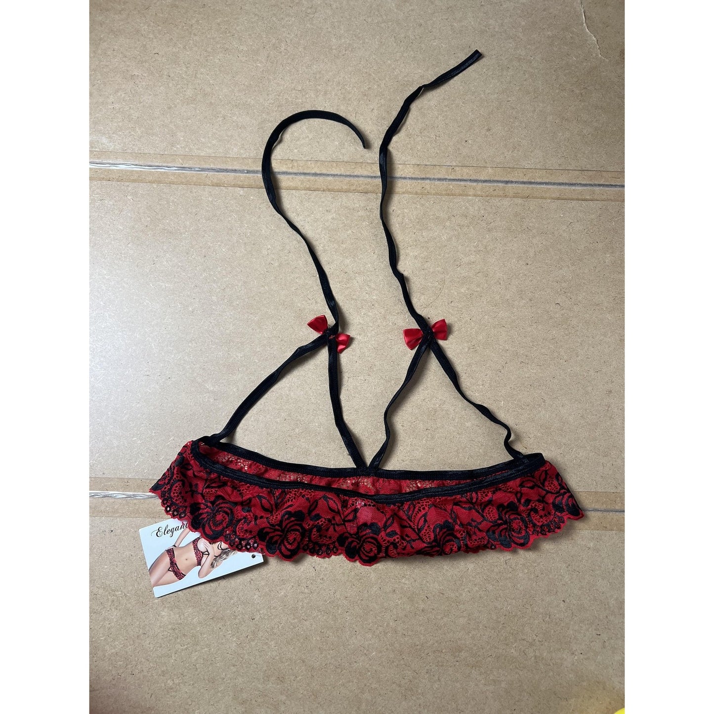 Elegant Moments Top Womens Queen Size Red Halter Sheer Lace Bow Ruffle