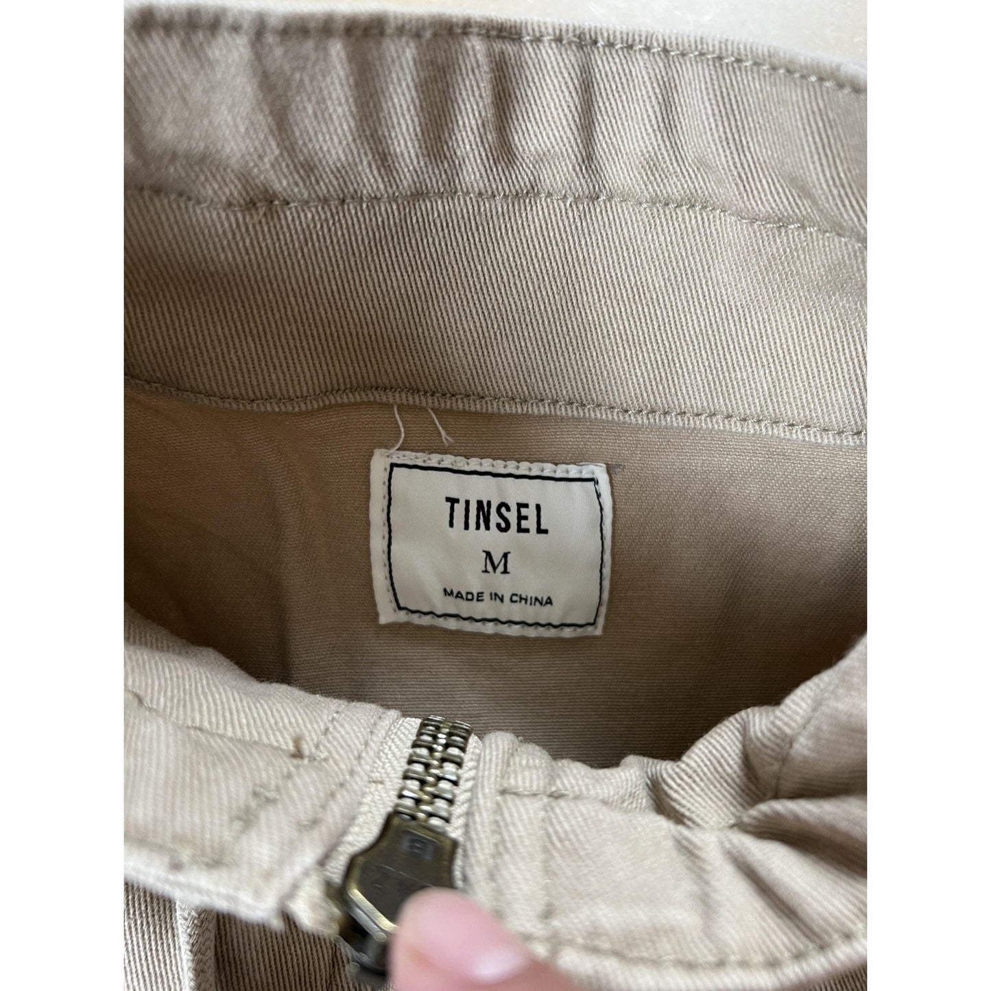 TINSEL Womens Cropped Belted Jacket Medium Beige Cotton Zip Front Drawstring