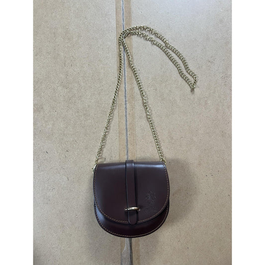 Vera Pelle Crossbody Bag Womens Small Brown Leather Blue Lined Gold Chain Strap