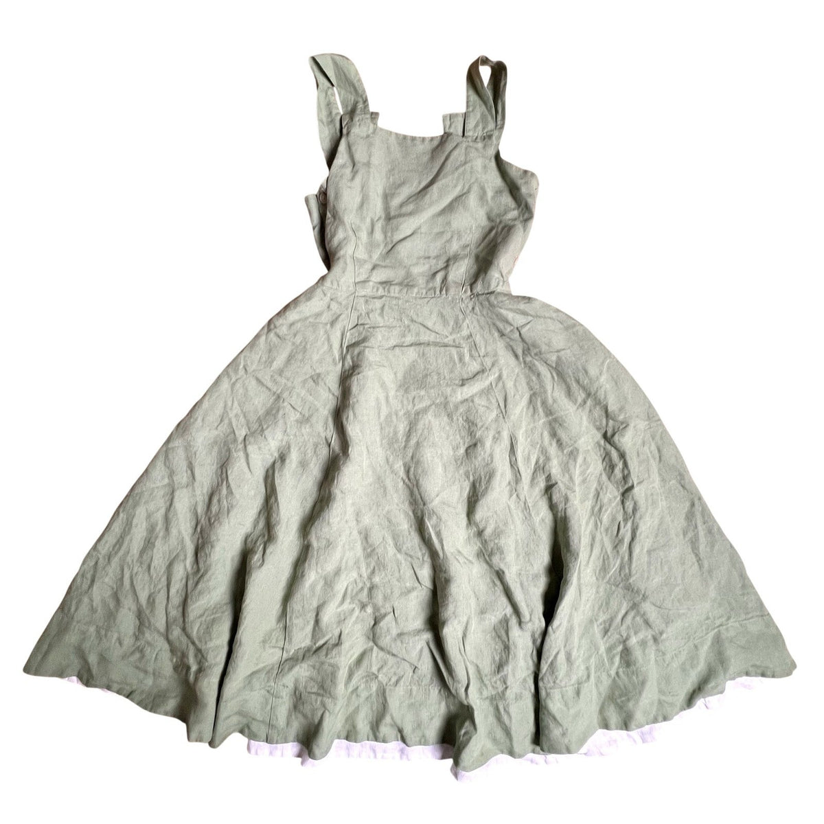 Son de Flor Dress Womens XS Green Linen Sundress Midi Square Neck Button