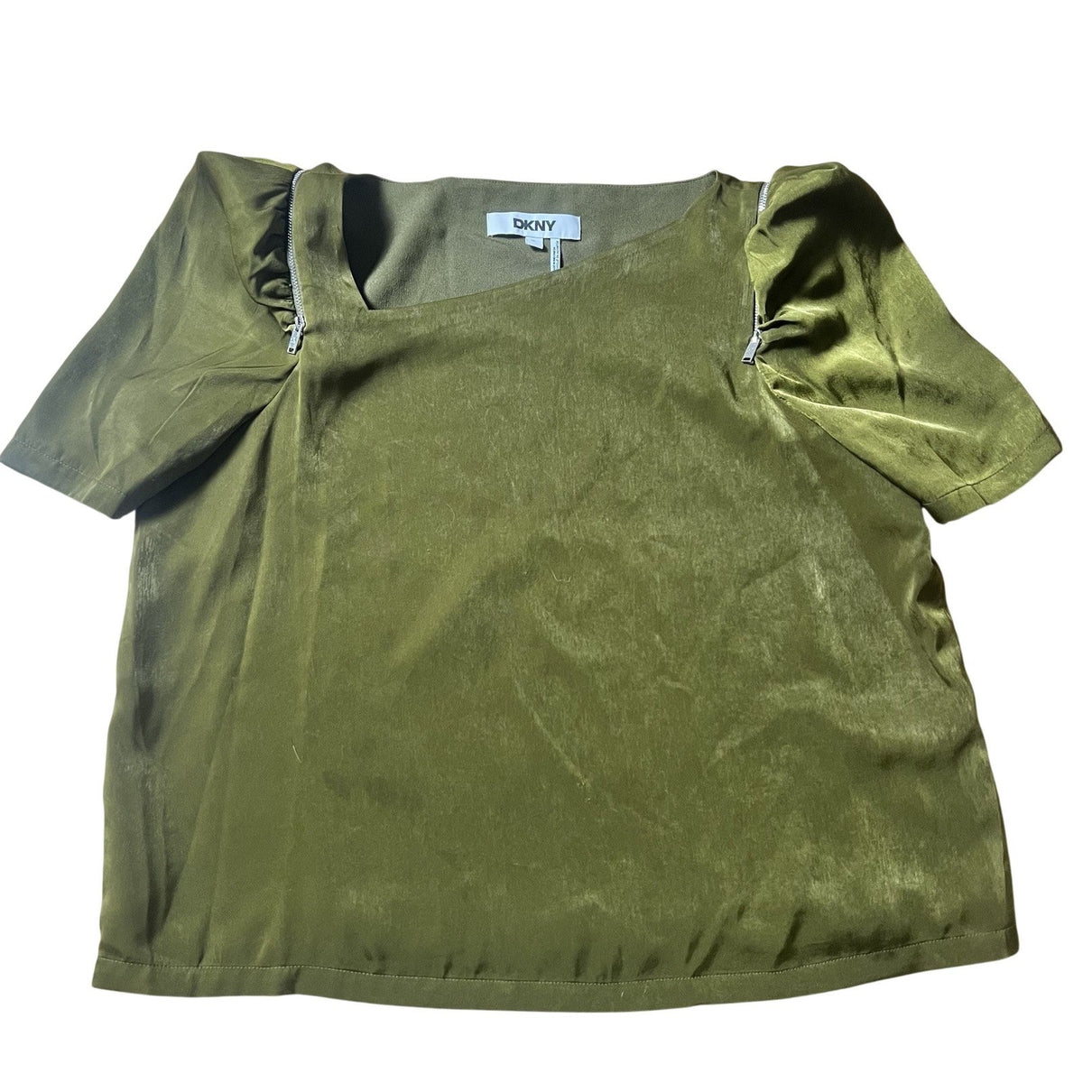 DKNY Blouse Womens XL Green Satin Square Neck Elegant Zip Ruffle Short Sleeve