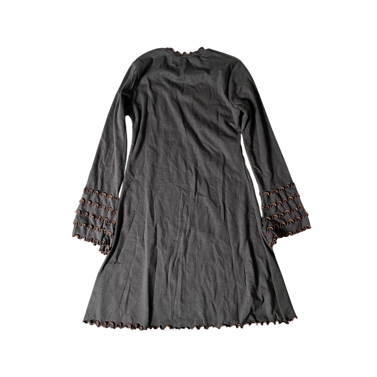 LAURA HLAVAC Dress Womens L Brown Trapeze & Swing Bell Sleeve Scoop Neck Ruffle