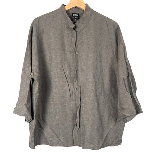 Eileen Fisher Grey Italian Fabric Linen Gauze Button Down Top Women's L