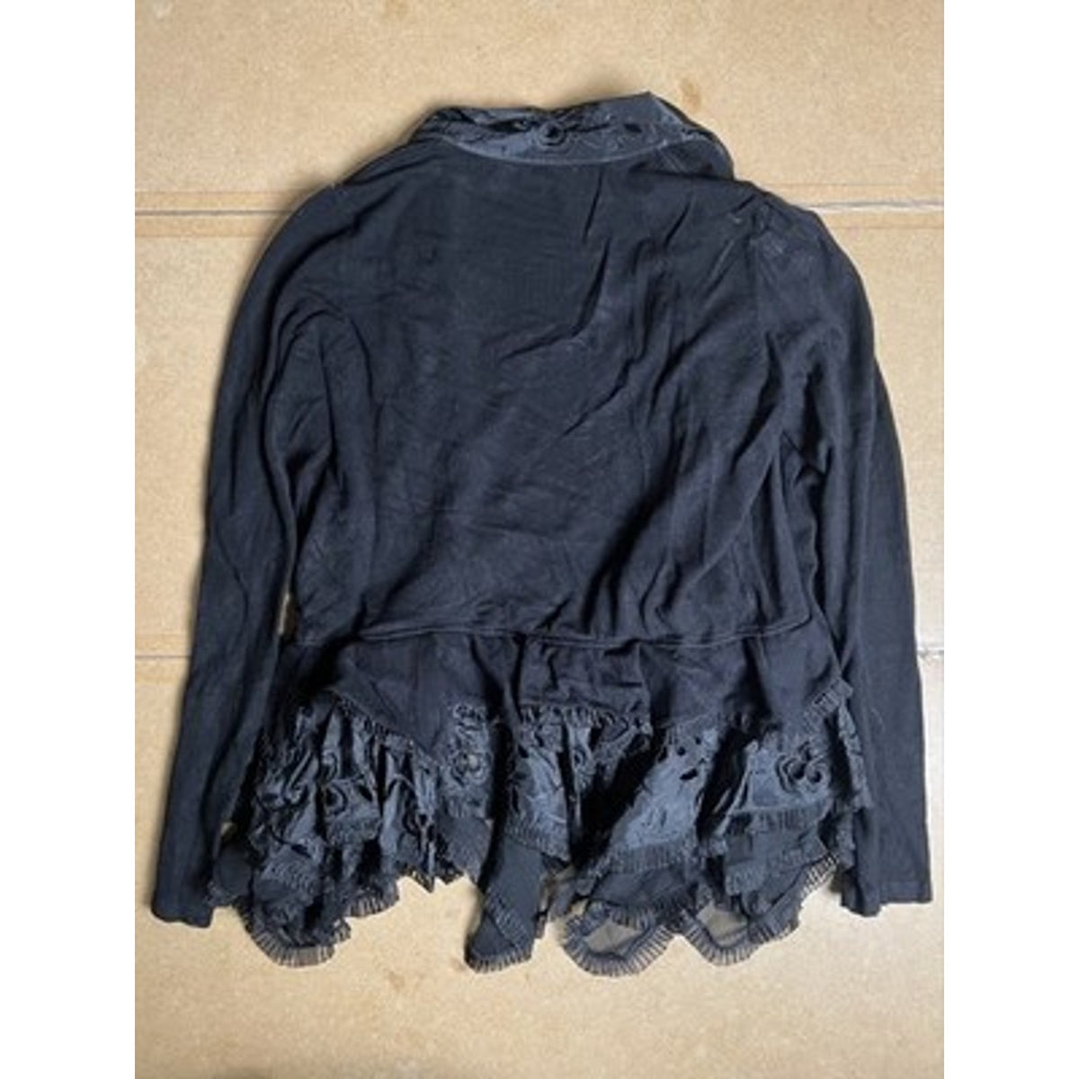 Boston Proper Cardigan Womens L Black Ruffle Embroidered Lightweight Knit