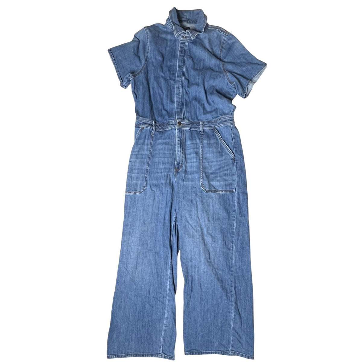 Scoop Jumpsuit Womens XL Blue Denim Collared Short Sleeve Pockets Button Casual