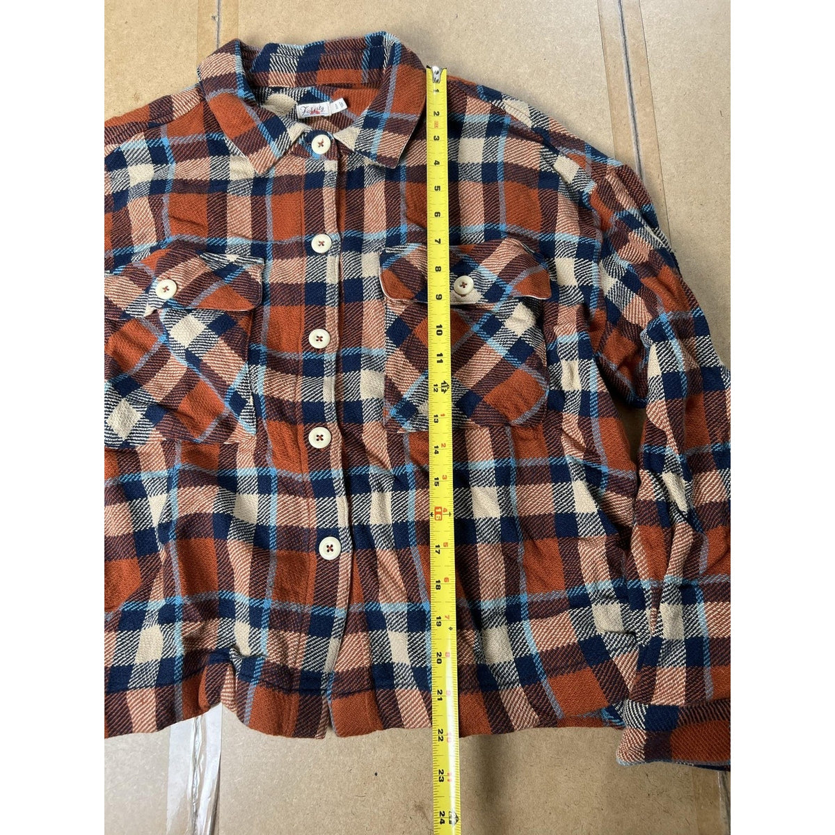 Faherty Button-Up Shirt Womens XL Orange Plaid Cropped Flannel Pockets Collared