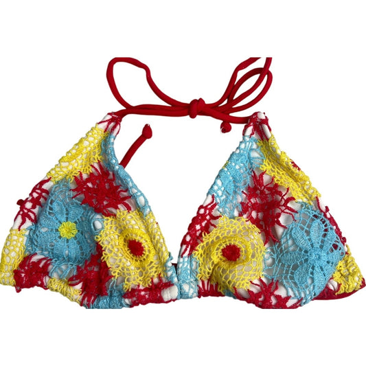 Xhilaration Crochet Wireless Lined Bikini Top Floral Yellow Red Medium