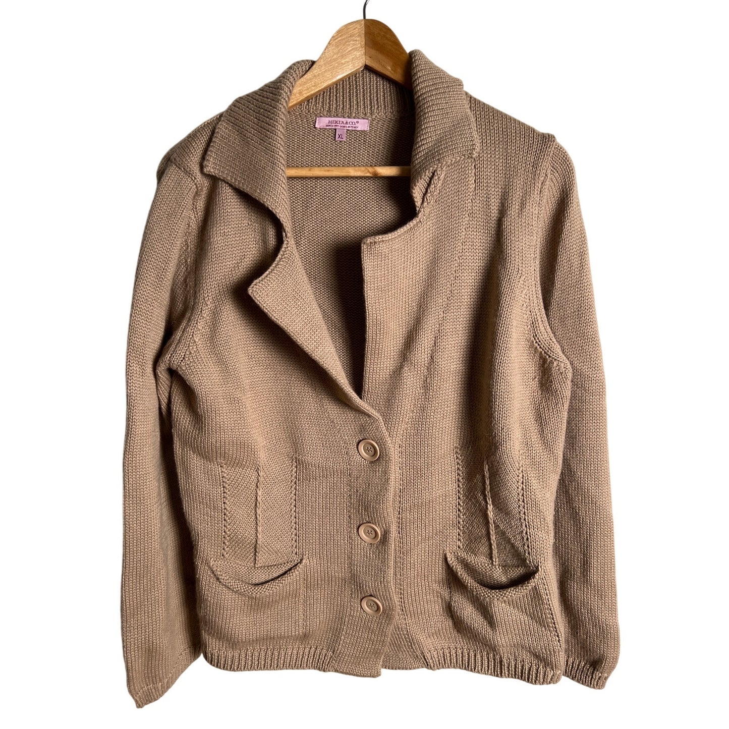 Hekla & Co Cardigan Sweater Women's XL Tan Merino Wool Preppy Academia Knit