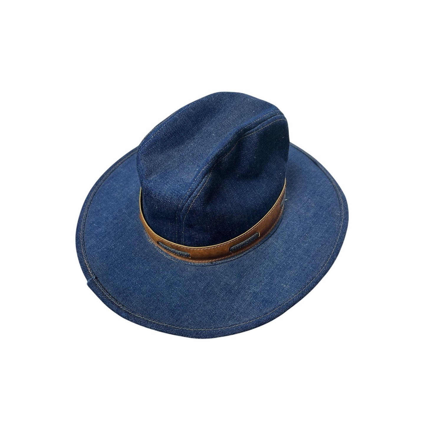 Fedora Hat Womens L Blue Denim Cotton Wide Brim Strap Made USA Spring Summer