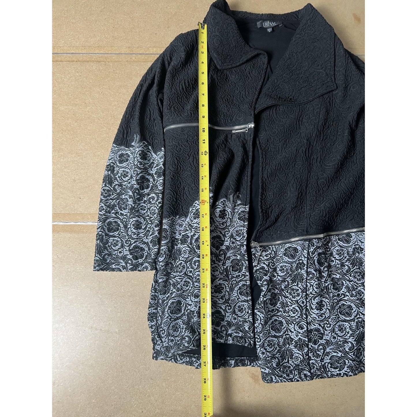 LBISSE Sweater Womens XL Black Full Zip Floral Knit Collared Pockets Stretch