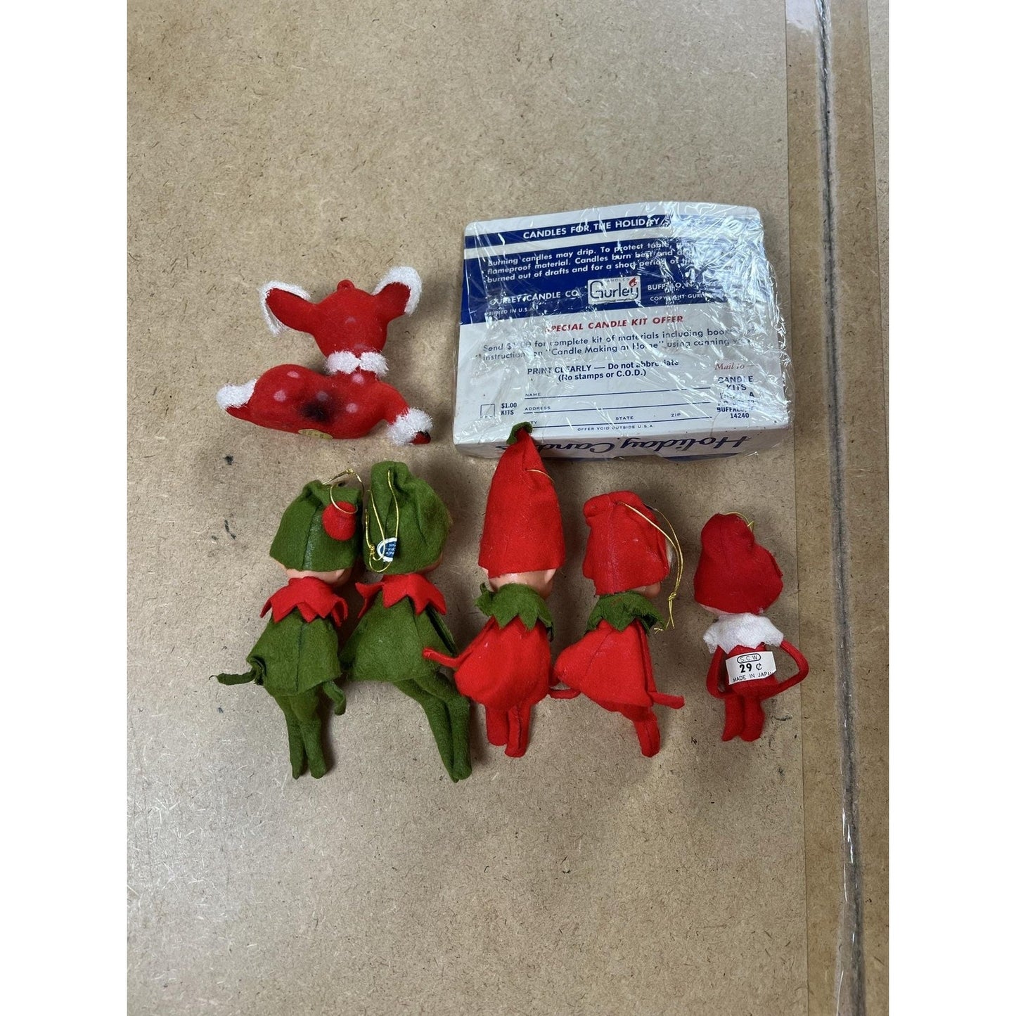 Gurley Candle Ornament Set Santa Reindeer 2pc Dangle Glitter Red White Japan