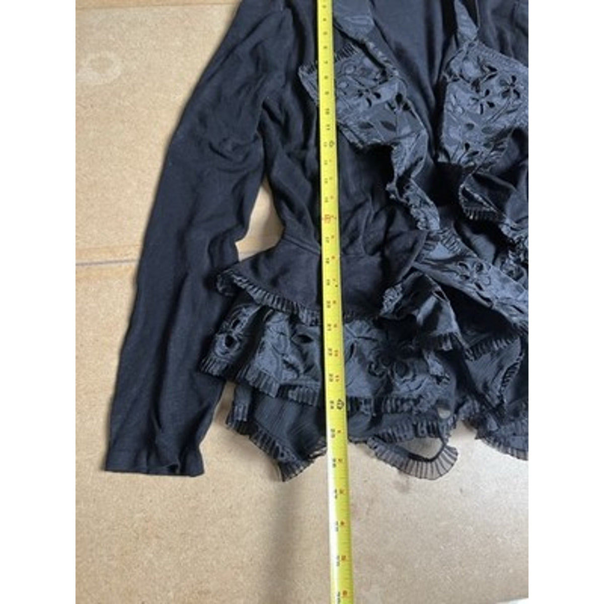 Boston Proper Cardigan Womens L Black Ruffle Embroidered Lightweight Knit