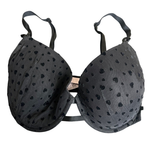 Victoria’s Secret Black Bra 34DDD Lined Demi Velvet Heart Printed Under Wire