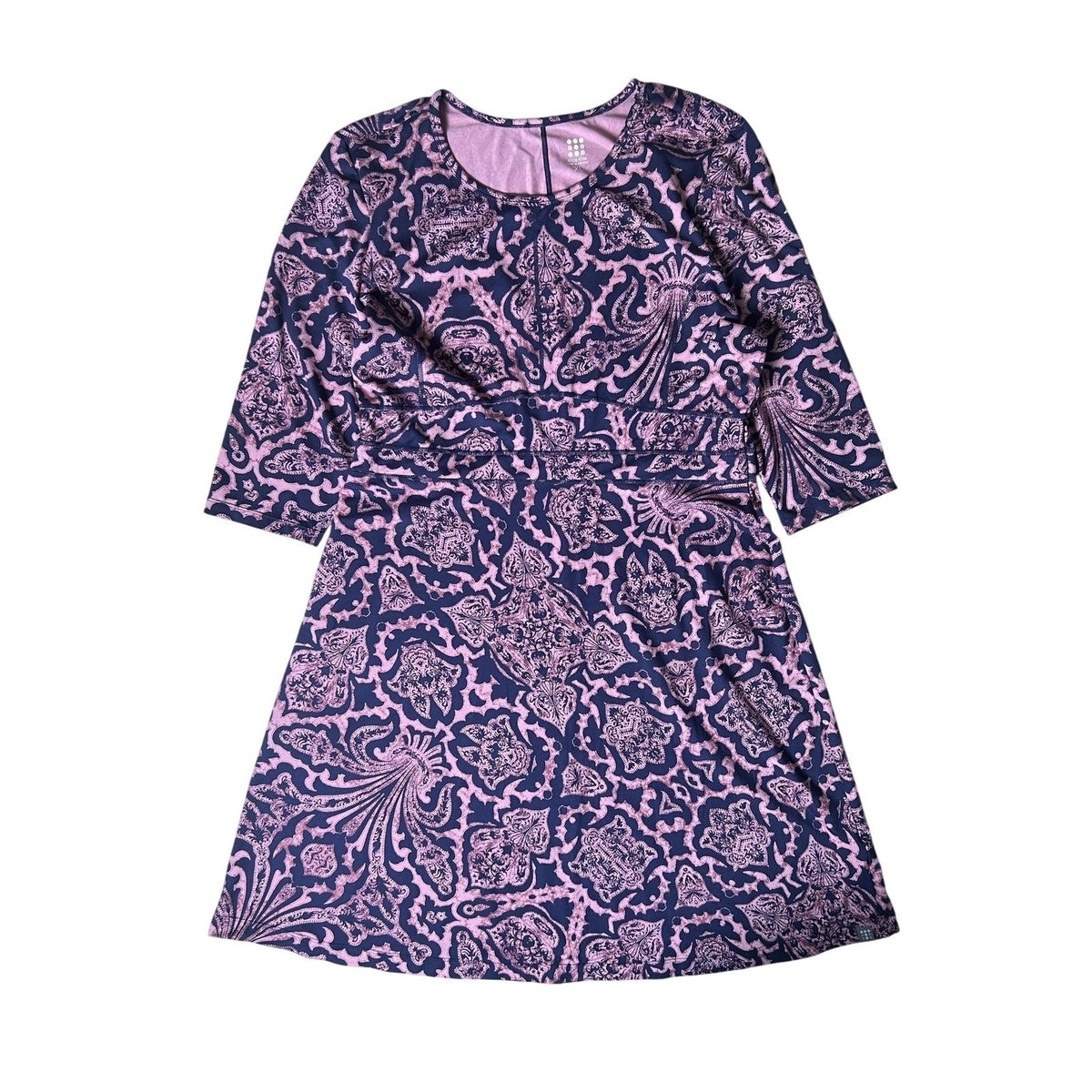 Title Nine Dress Womens XL Blue Paisley Fit & Flare Round Neck Knee Pockets