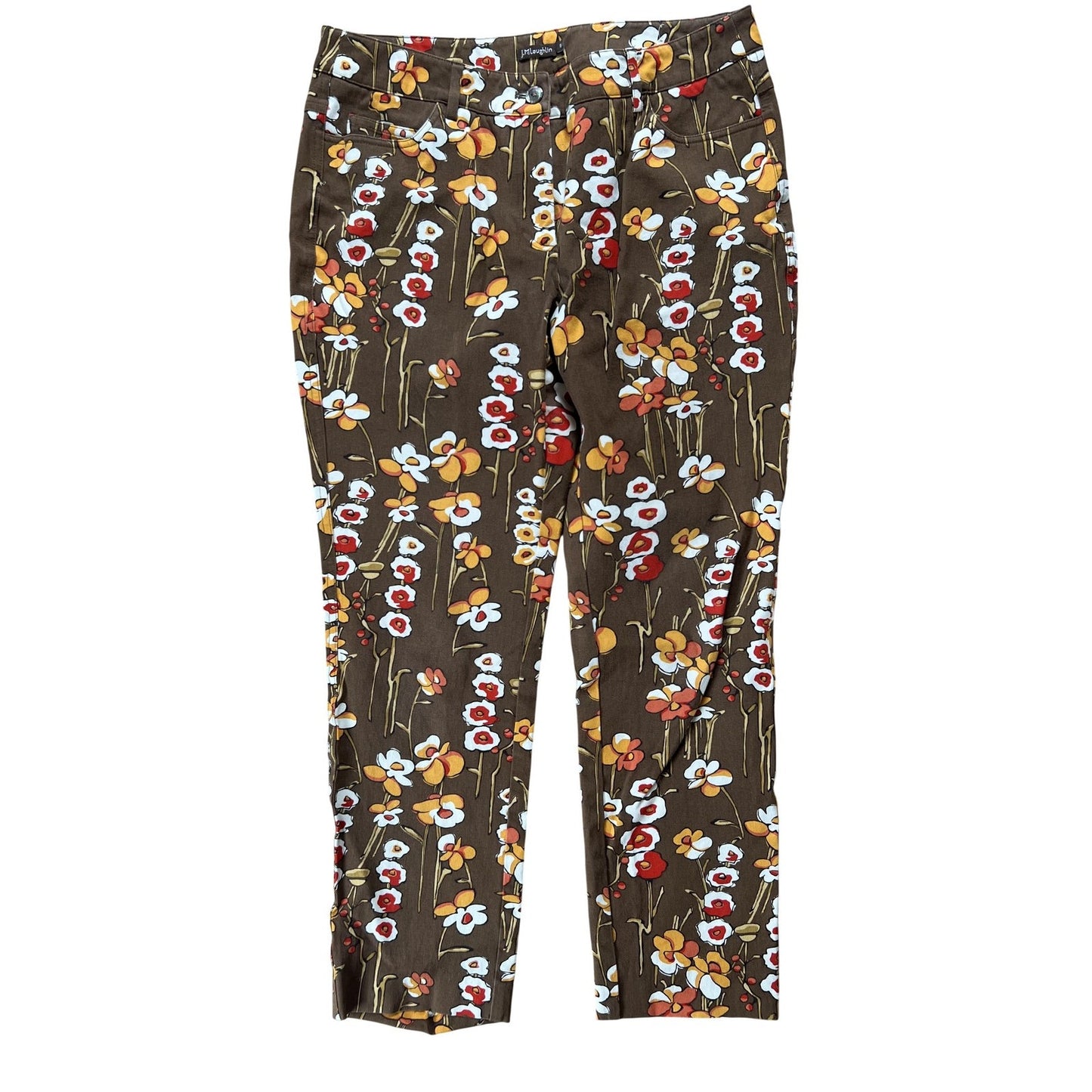 J. McLaughlin Pants Womens 6 Brown Cropped Floral Twill Stretch Pockets Slim