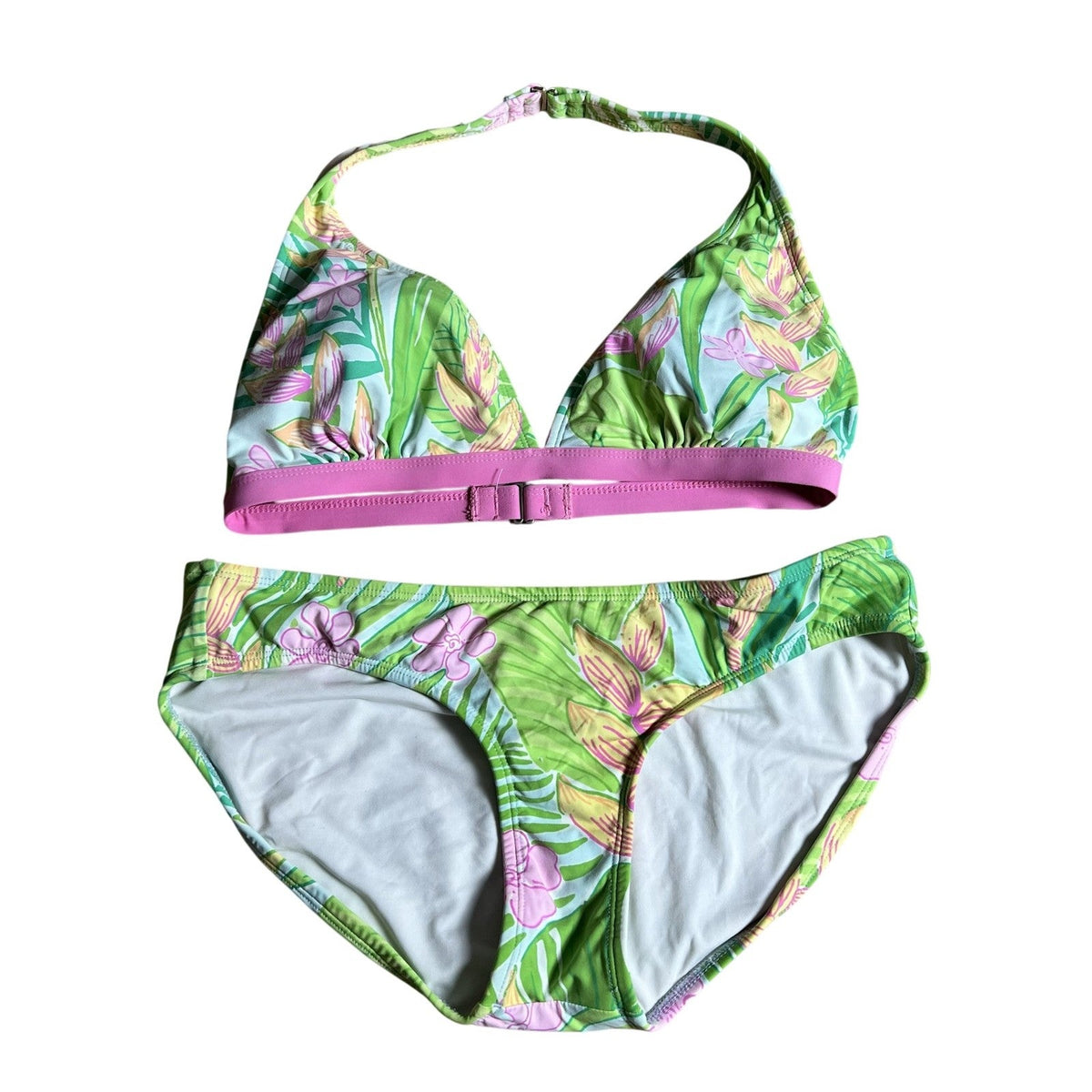 Lilly Pulitzer Bikini Womens 8 Green Floral Halter Adjustable Lined 2 Piece