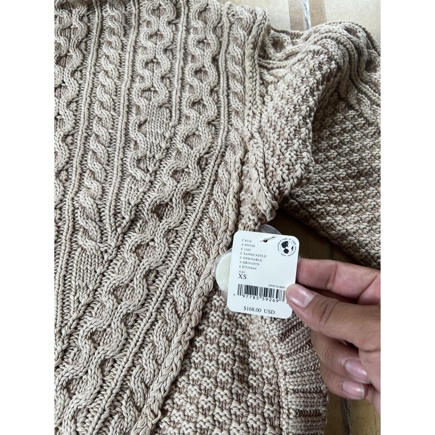 Coatigan Womens XS Beige Hooded Cable Knit Button Cotton Short Casual Pullover