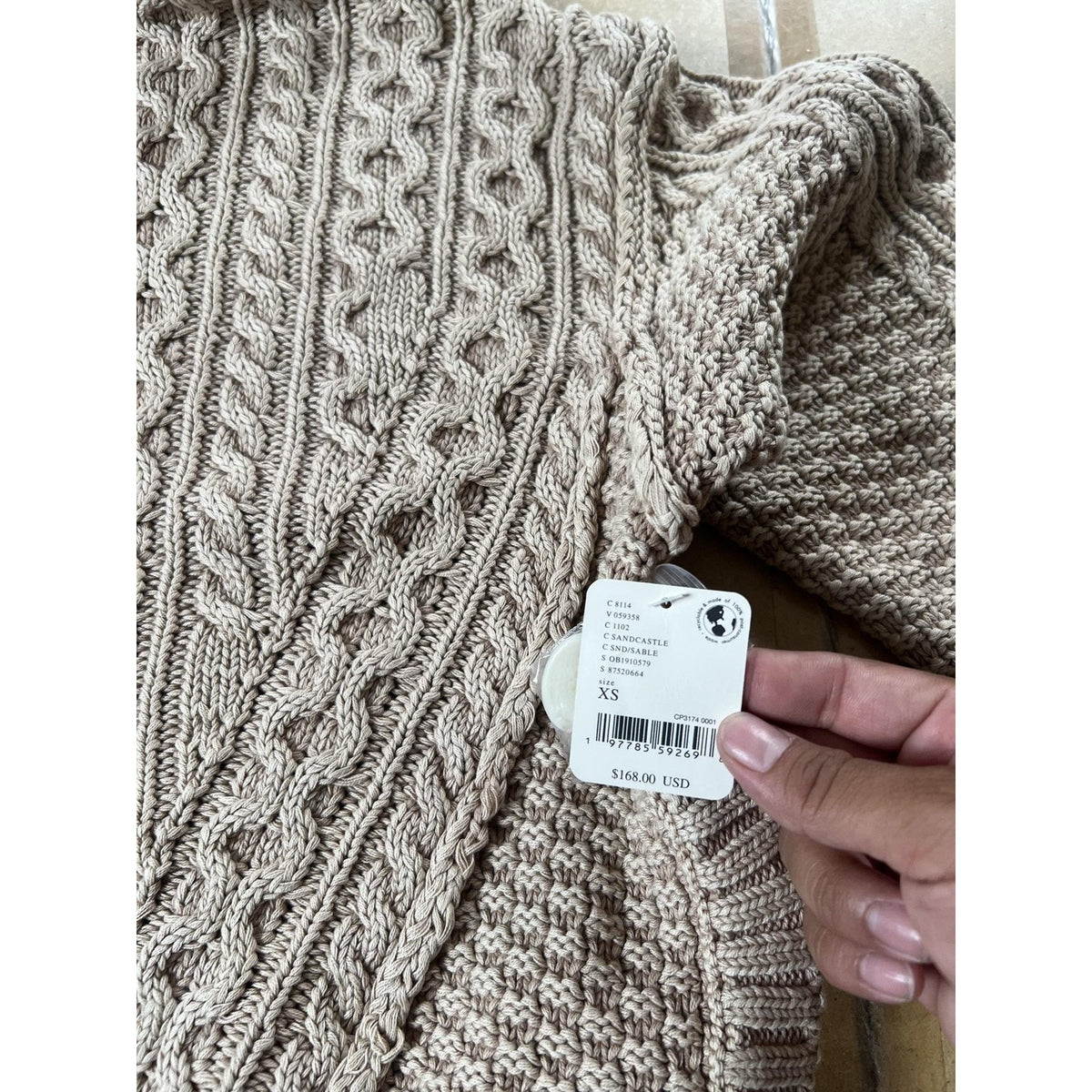 Coatigan Womens XS Beige Hooded Cable Knit Button Cotton Short Casual Pullover