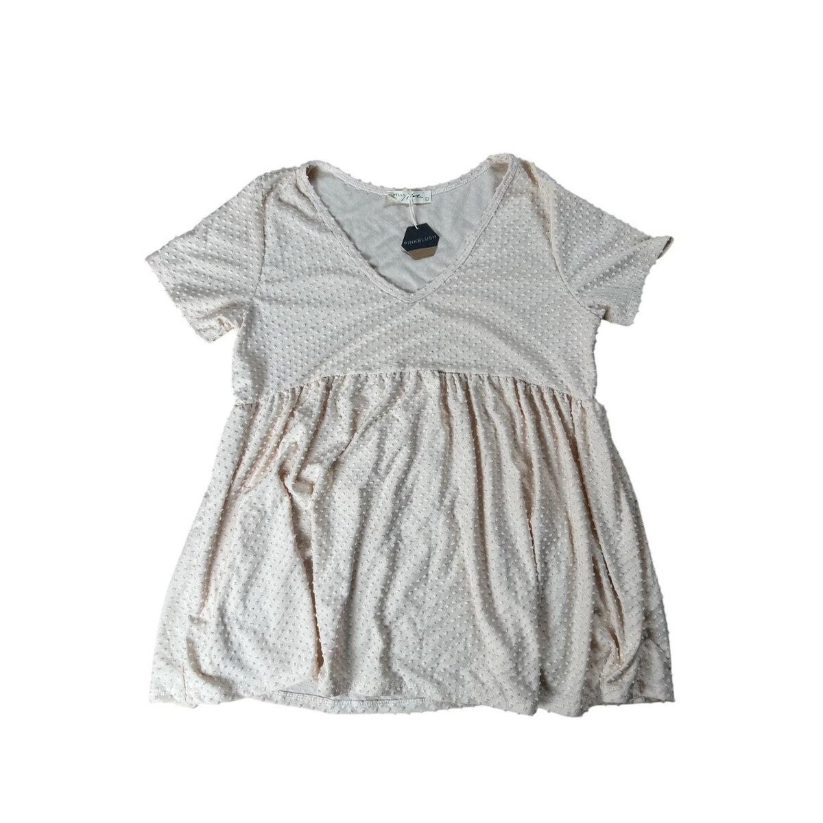 PinkBlush Blouse Womens L Pink V-Neck Short Sleeve Jersey Ruffle Polka Dot