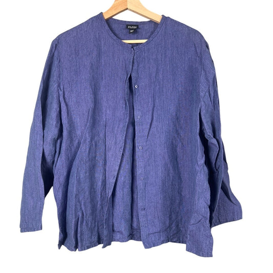Eileen Fisher Blue Linen Button Front Top Women's Size Large