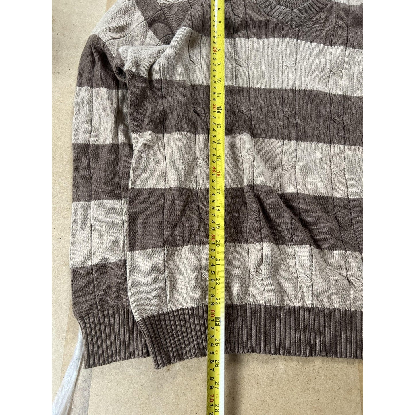 Oscar De La Renta Sweater Mens XL Brown Striped V-Neck Pullover Cotton Knit