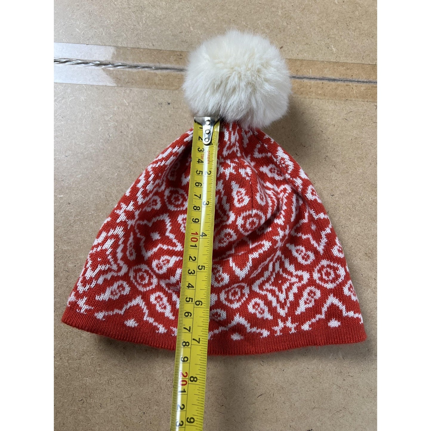 Vera Bradley Beanie Womens One Size Red Lined Faux Fur Pom Pom Geometric Knit