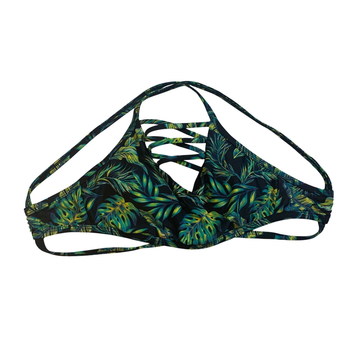 Cabana Del Sol Green Blue Floral Palm Bikini Top Women's Small High Neck EUC