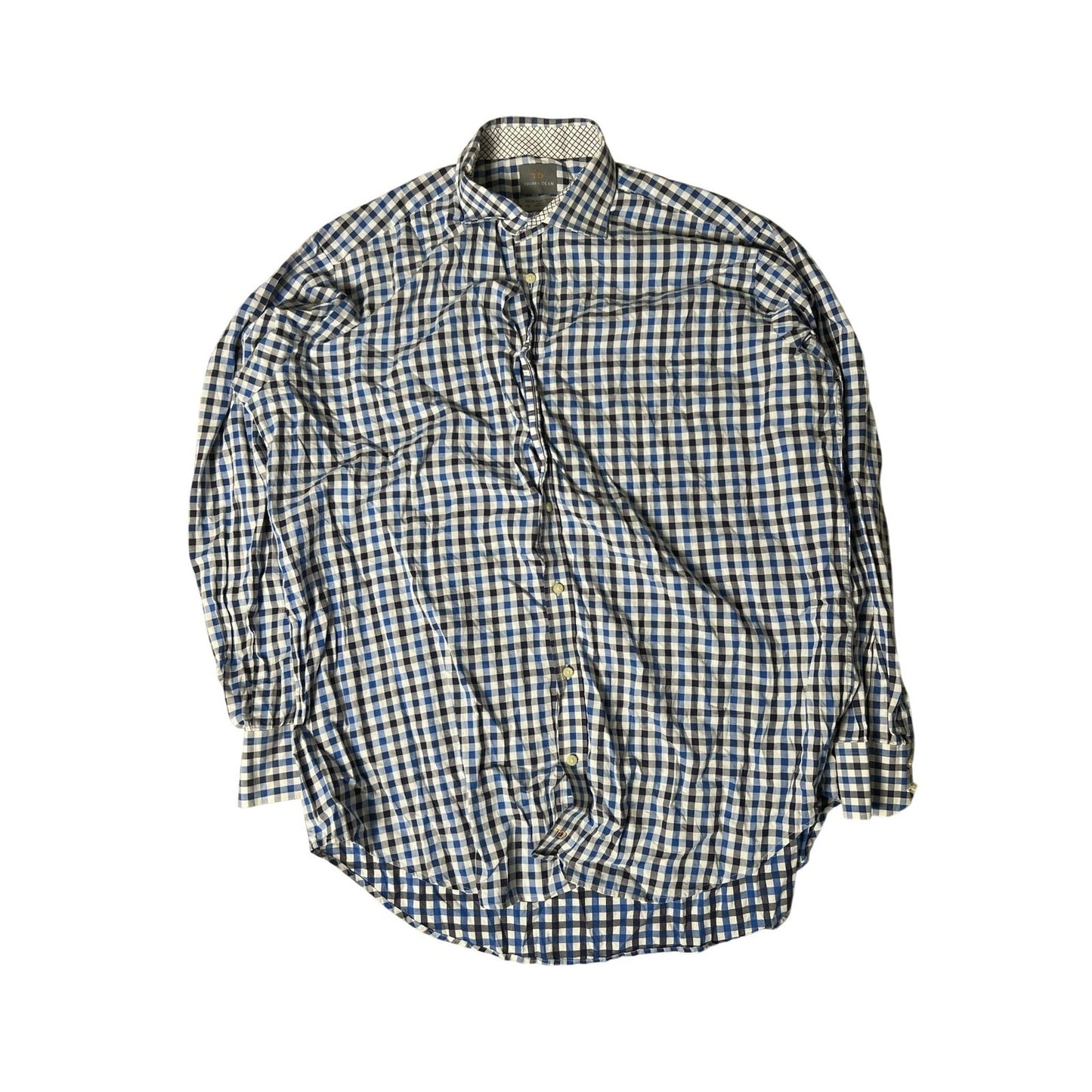 Thomas Dean Shirt Mens 2XL Blue Check Long Sleeve Button Up Collared Casual