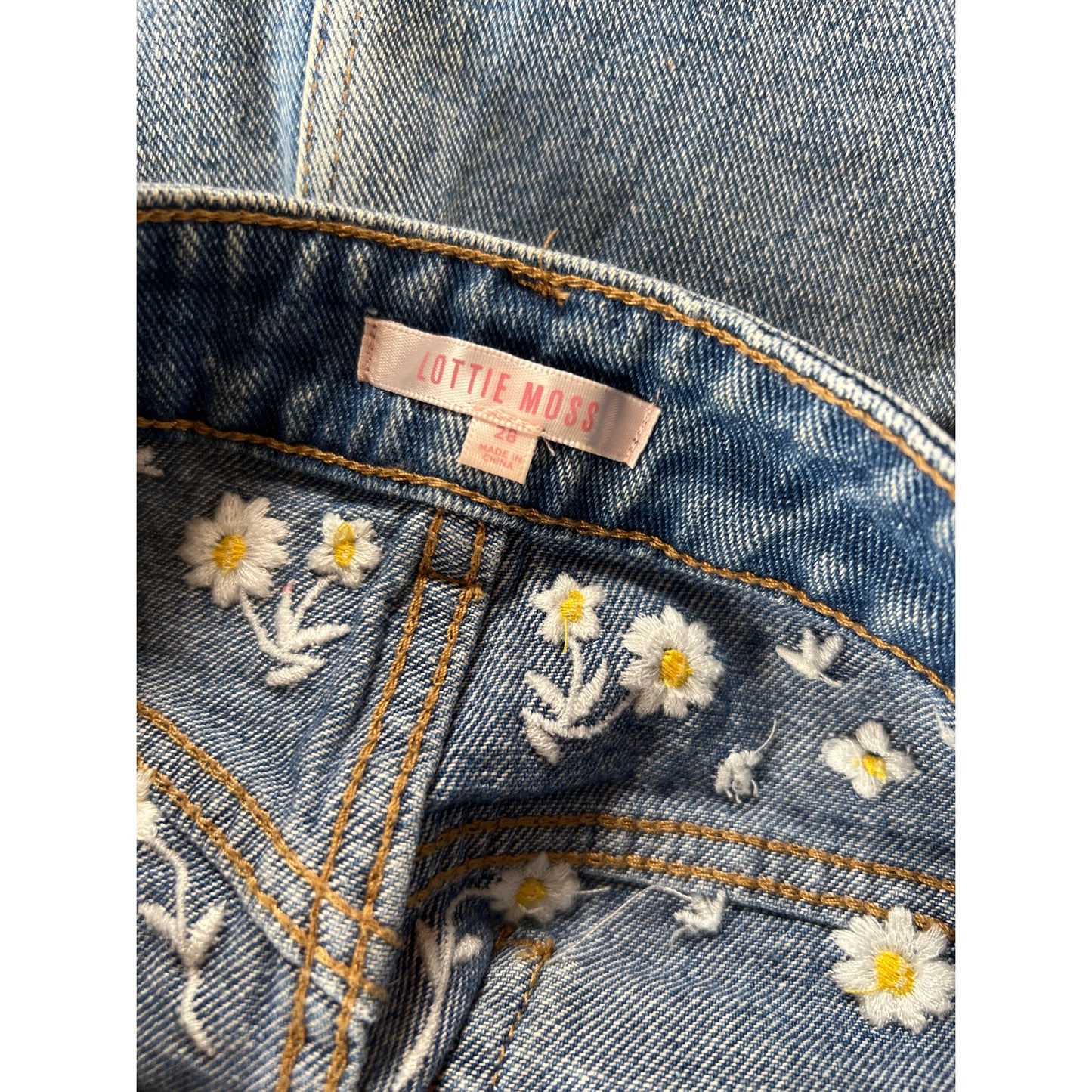 Lottie Moss Floral Embroidered Denim Mini Skirt Size 28 Blue Jean Daisy Boho