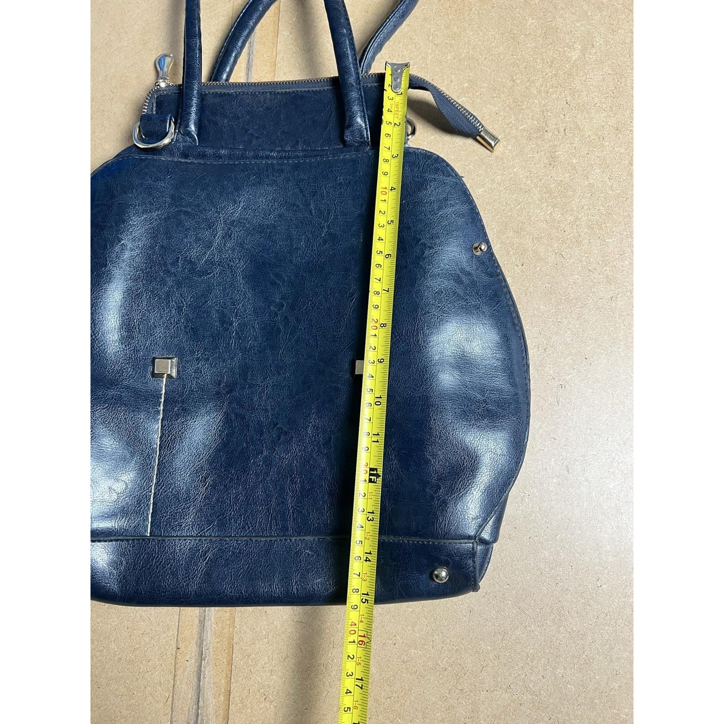 Salvatore Ferragamo Satchel Bag Womens Medium Navy Leather Silver Studs Zip