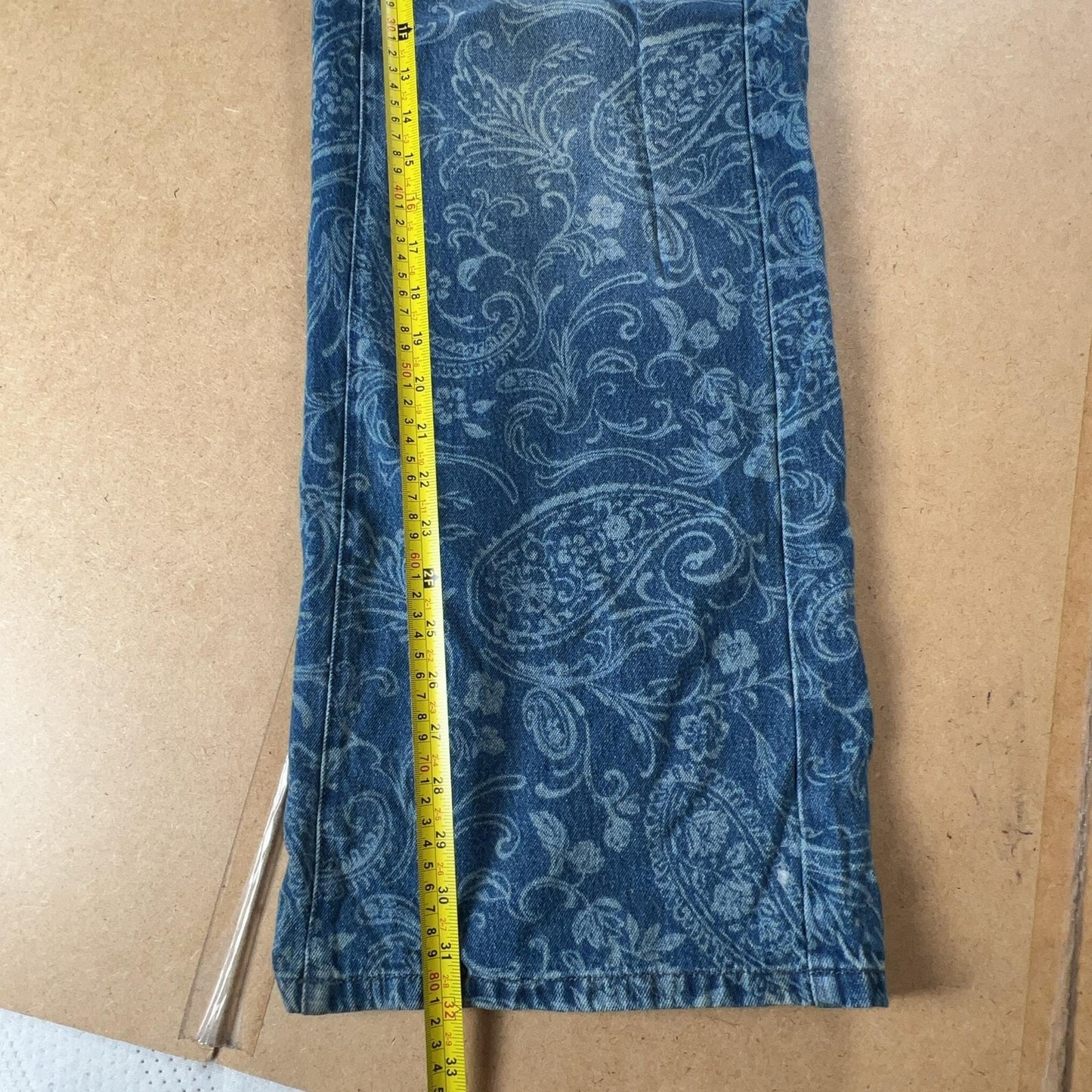 Rebekka Bach Pants Womens L Blue Paisley Denim Ankle Relaxed Pockets Zip Button