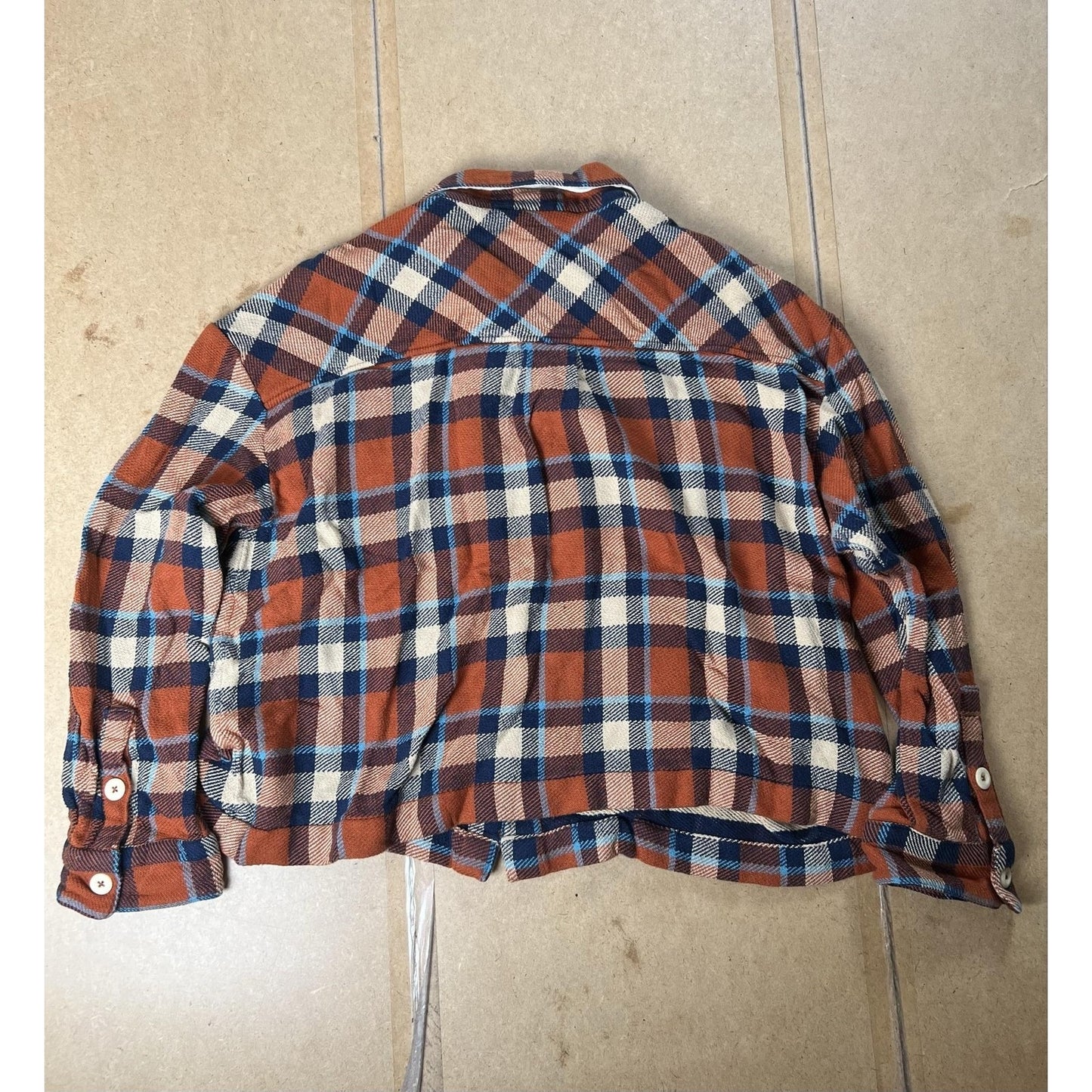 Faherty Button-Up Shirt Womens XL Orange Plaid Cropped Flannel Pockets Collared