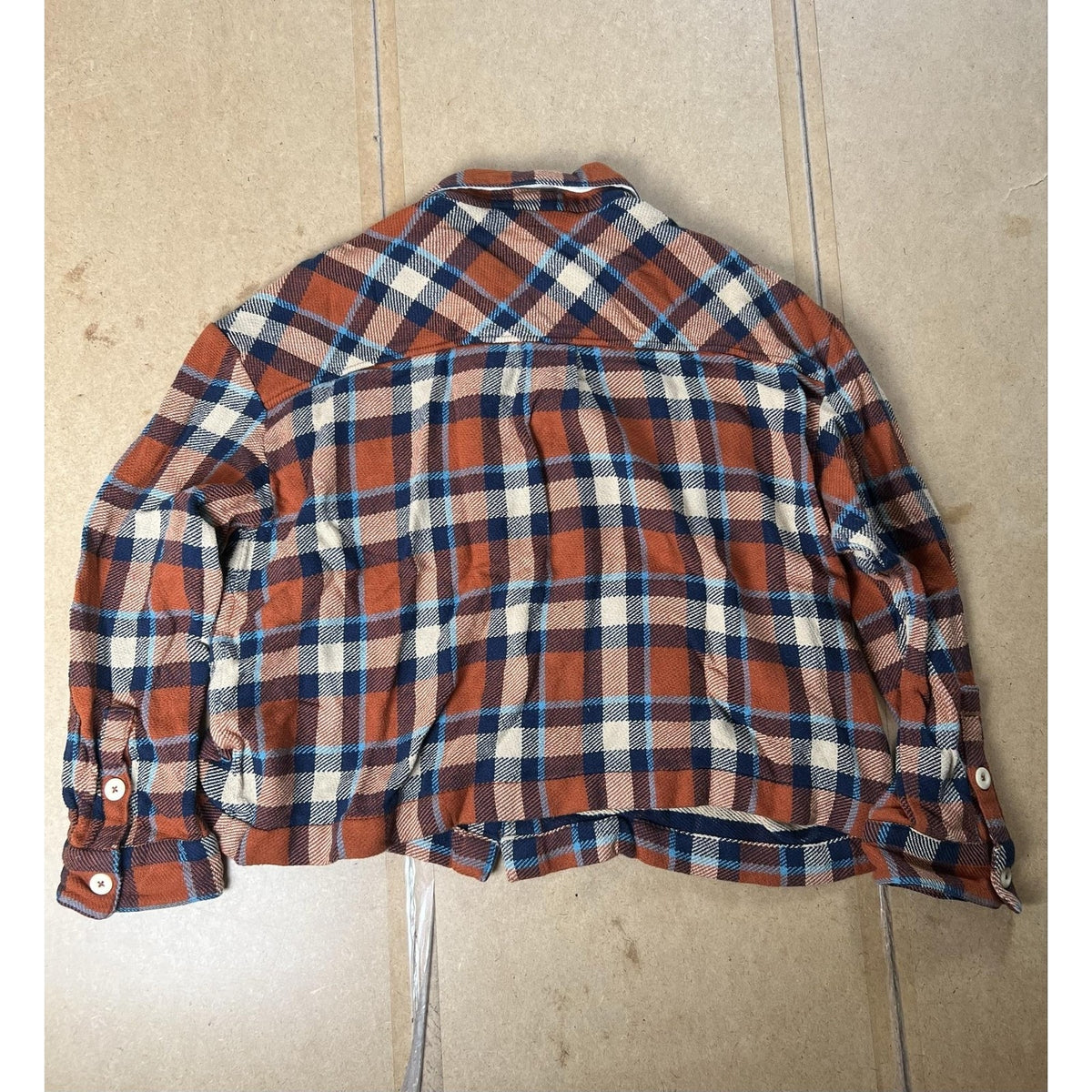 Faherty Button-Up Shirt Womens XL Orange Plaid Cropped Flannel Pockets Collared