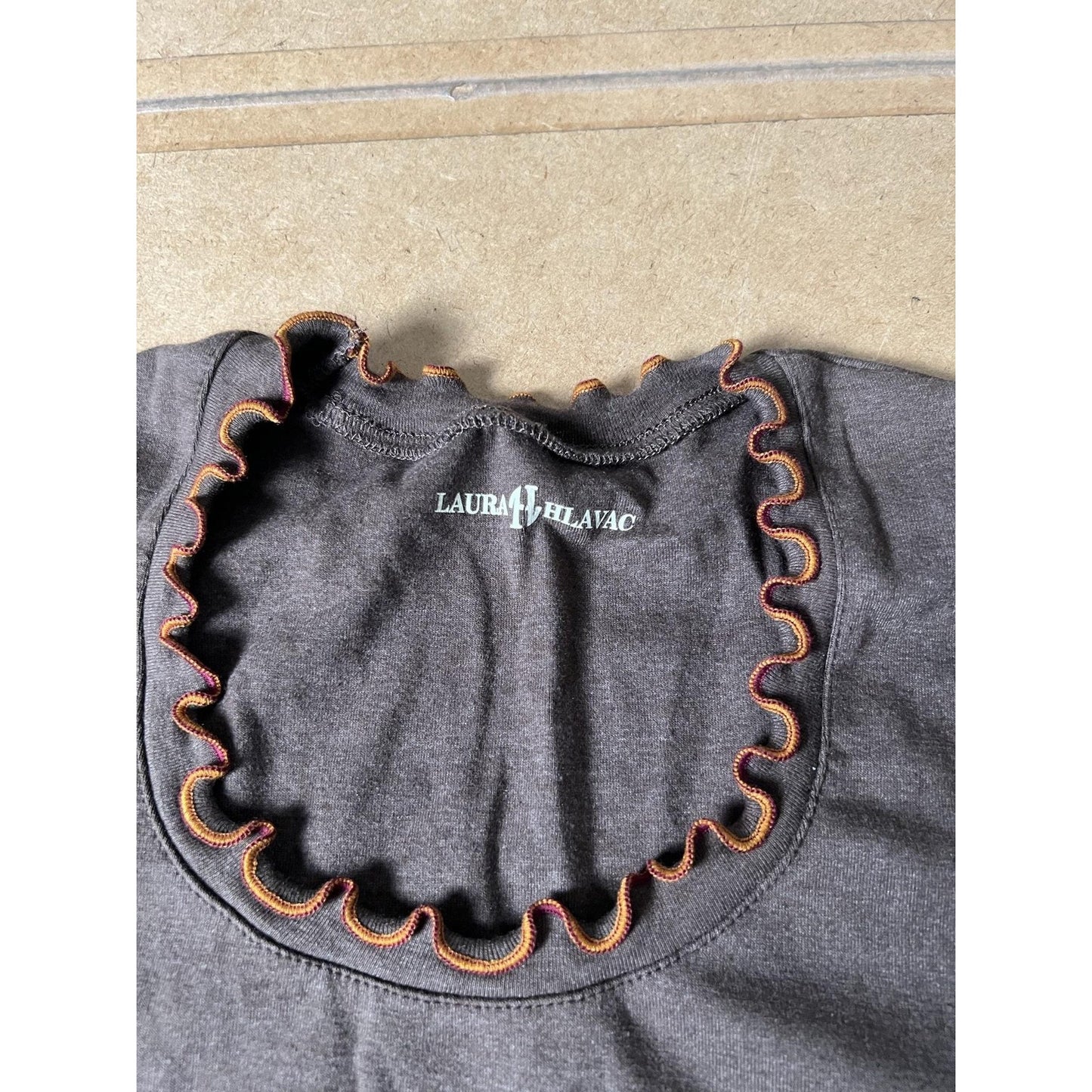 LAURA HLAVAC Dress Womens L Brown Trapeze & Swing Bell Sleeve Scoop Neck Ruffle
