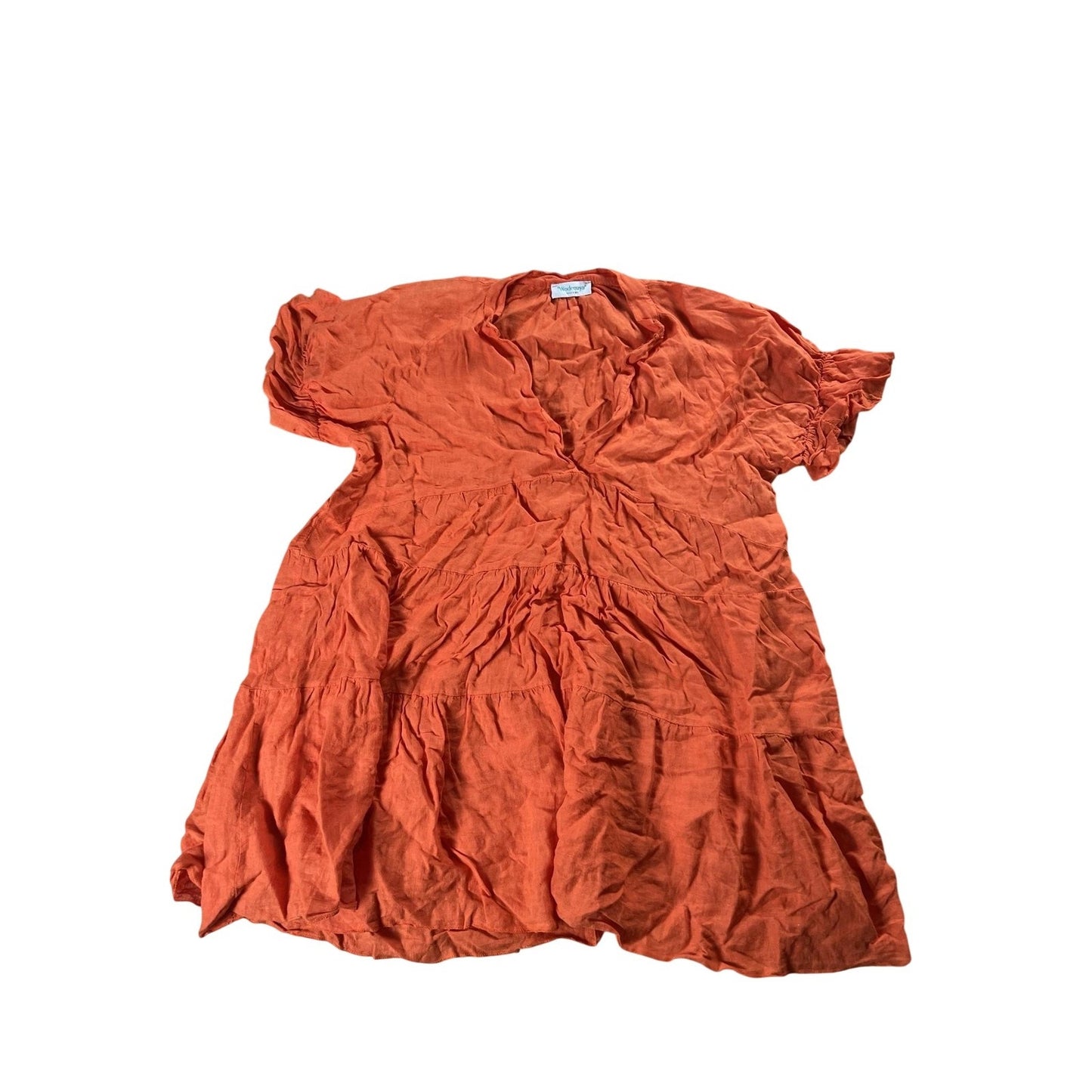 Wodemaya Dress Womens L Orange Blouson Short V-Neck Linen Ruffle Italy