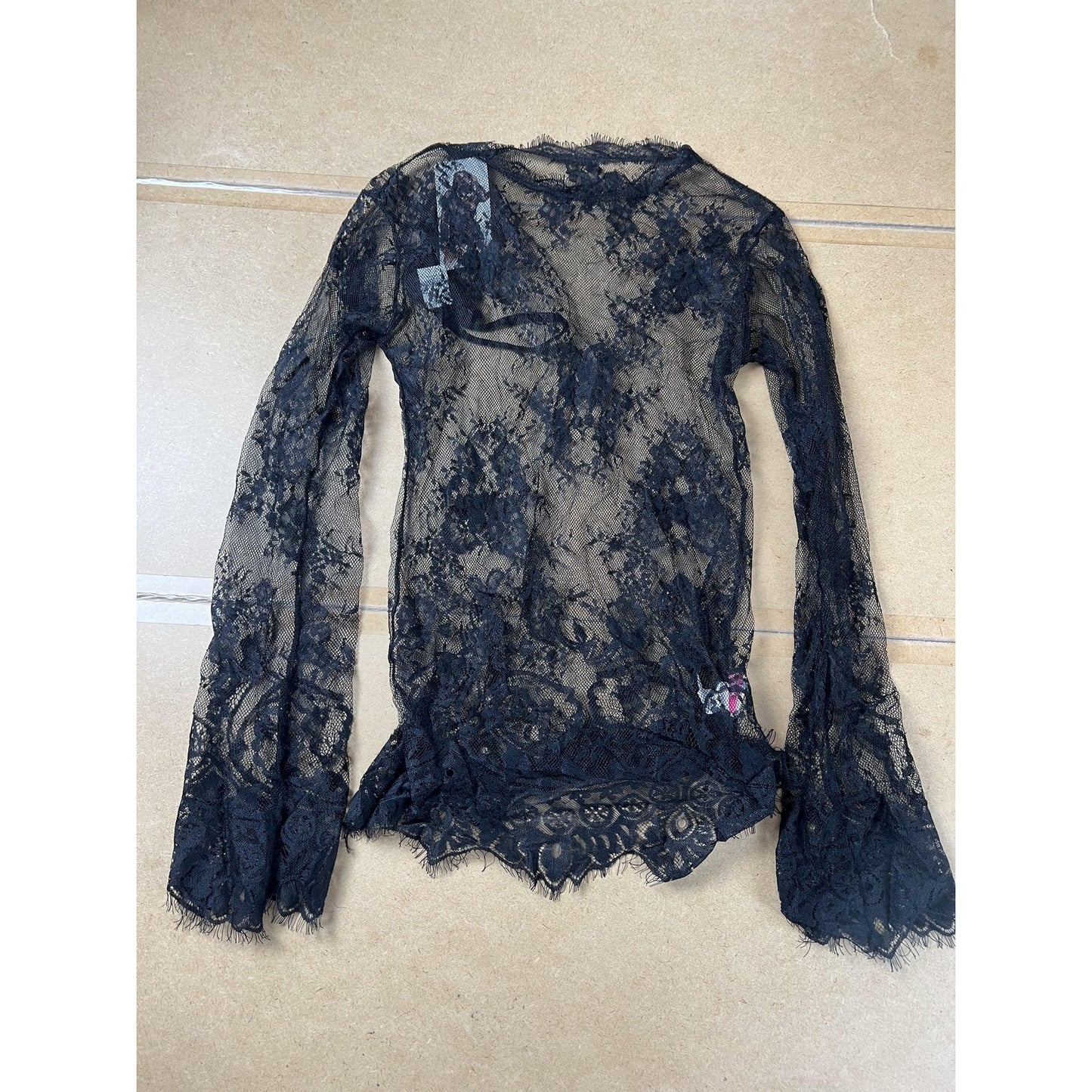 Shirley Top Womens S Black Lace Sheer Long Sleeve Scallop Hem Clubwear