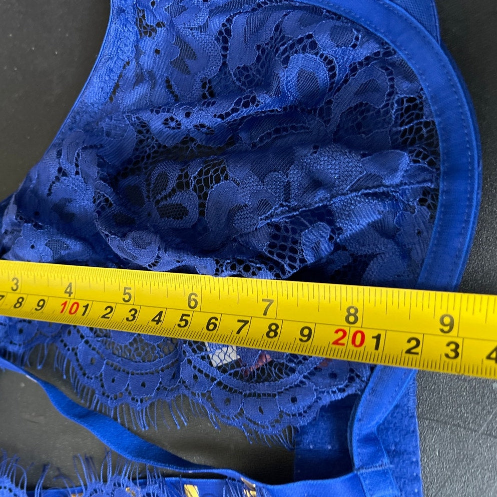 Adore Me 36DD Bra Plunge Blue Floral Lace Sheer Studded Underwire