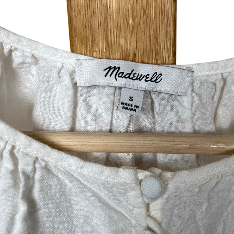Madewell Linen White Sundress Size Small Flutter Sleeve Button Mini Dress