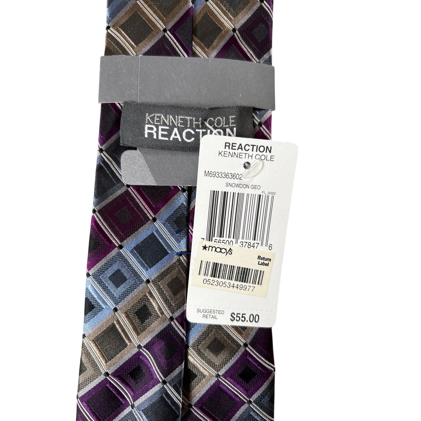 NWT Kenneth Cole Reaction 100% Silk Neck Tie Foxhound Grid Purple