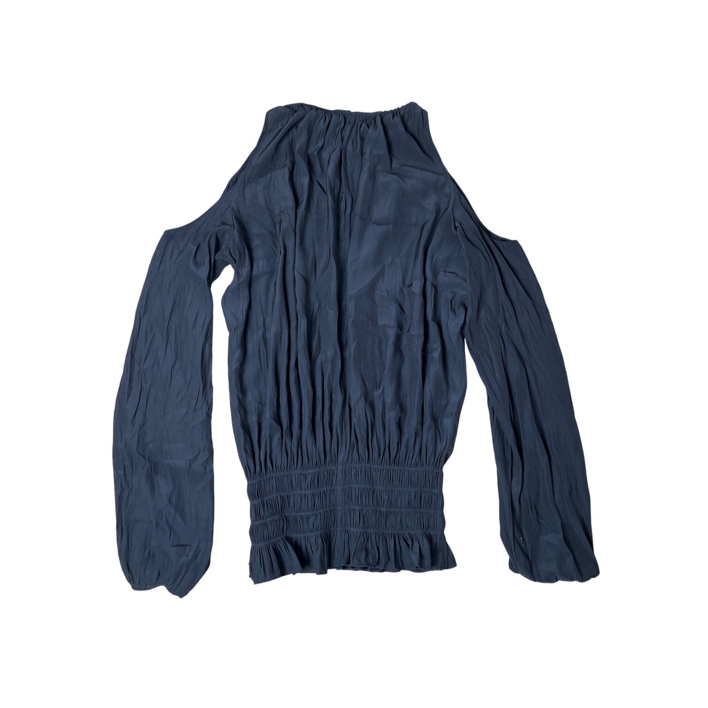 Ramy Brook Lauren Cold Shoulder Smocked Waist Satin Keyhole Blouse Navy Size S