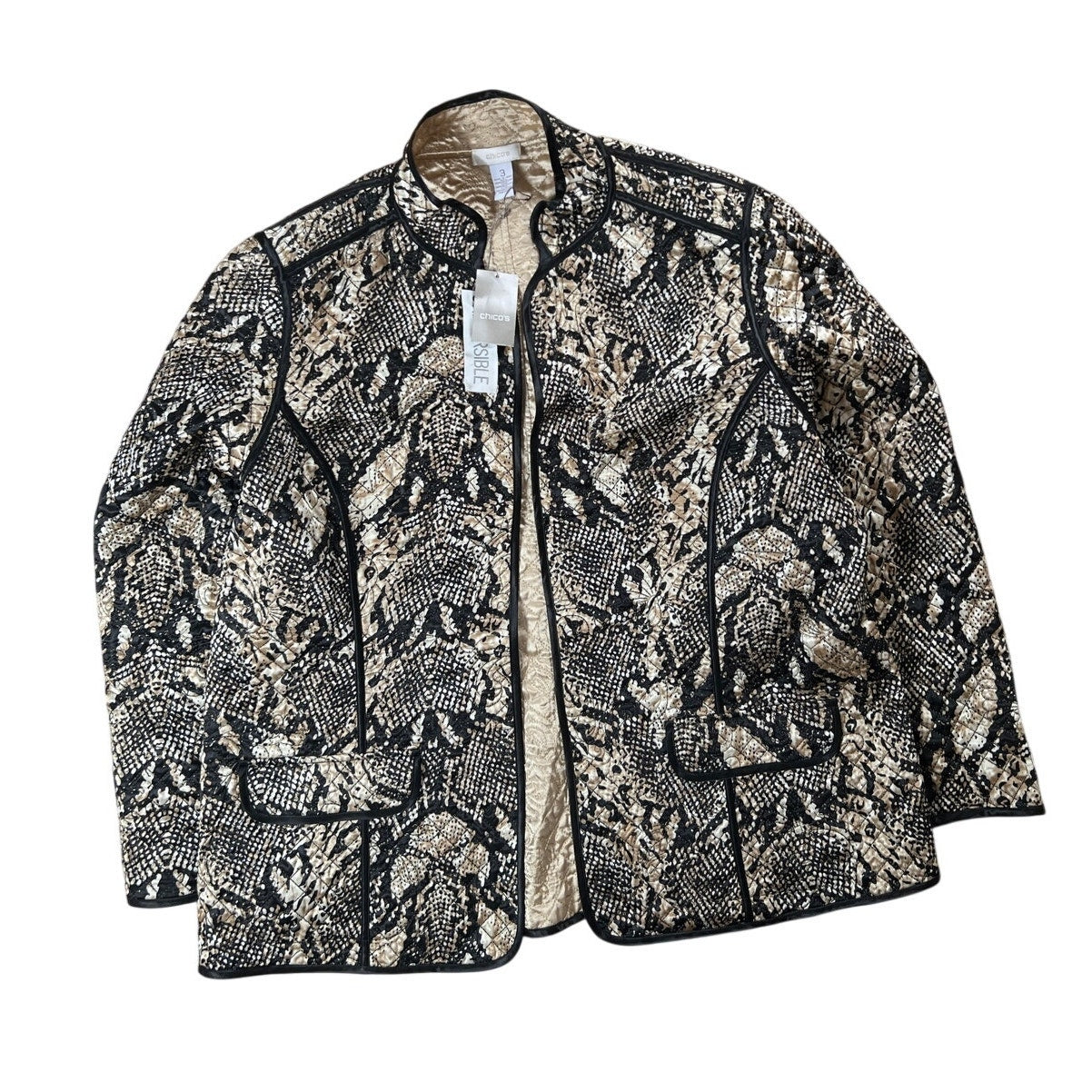 NWT CHICO'S Metallic Gold & Black Satin Quilted Open Blazer Jacket Size 3