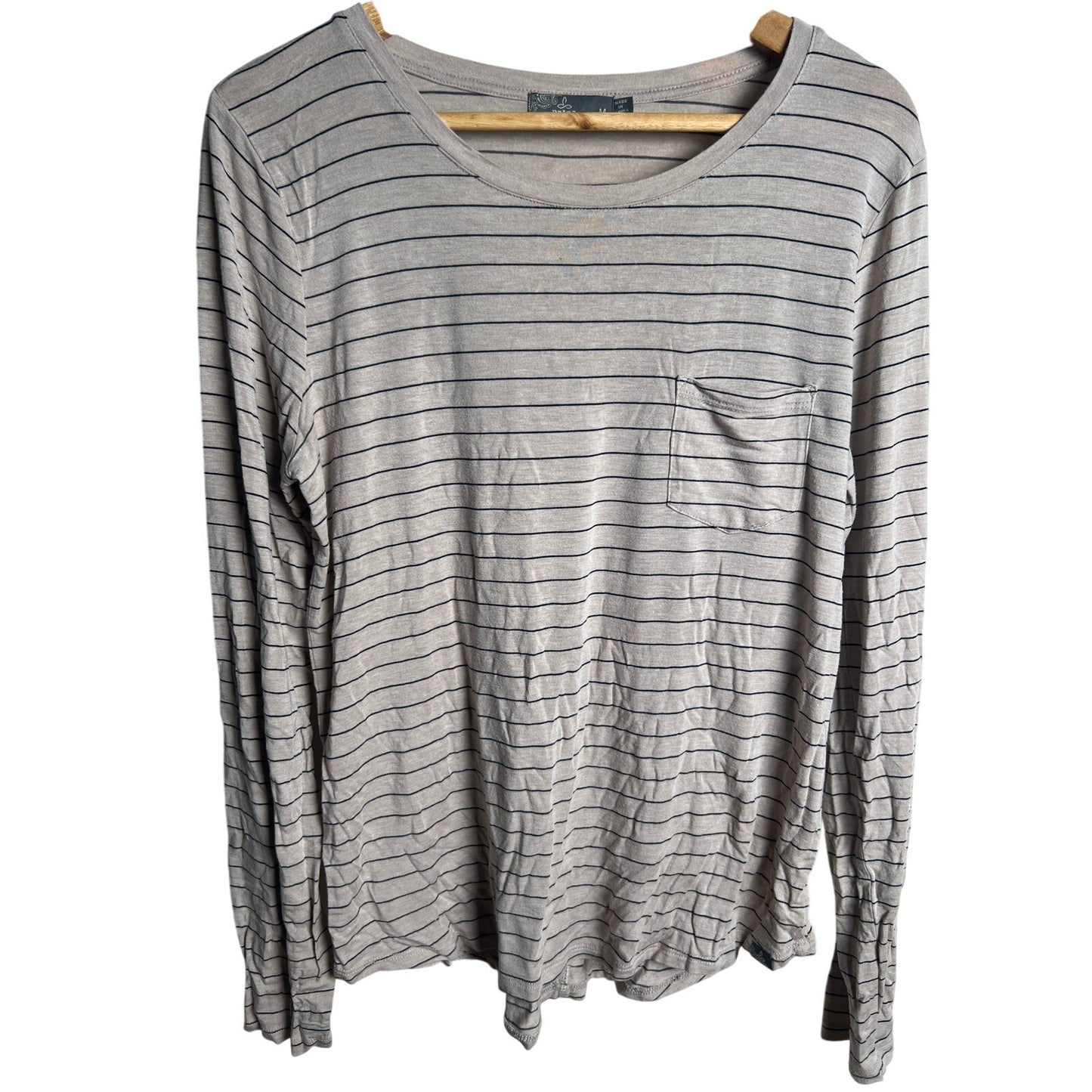 PrAna Women's M Striped Pocket Long Sleeve Foundation Tee Oatmeal Black