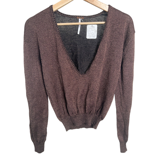 Free People NWT Black/Noir V Neck Long Sleeve XS Copper Sparkle