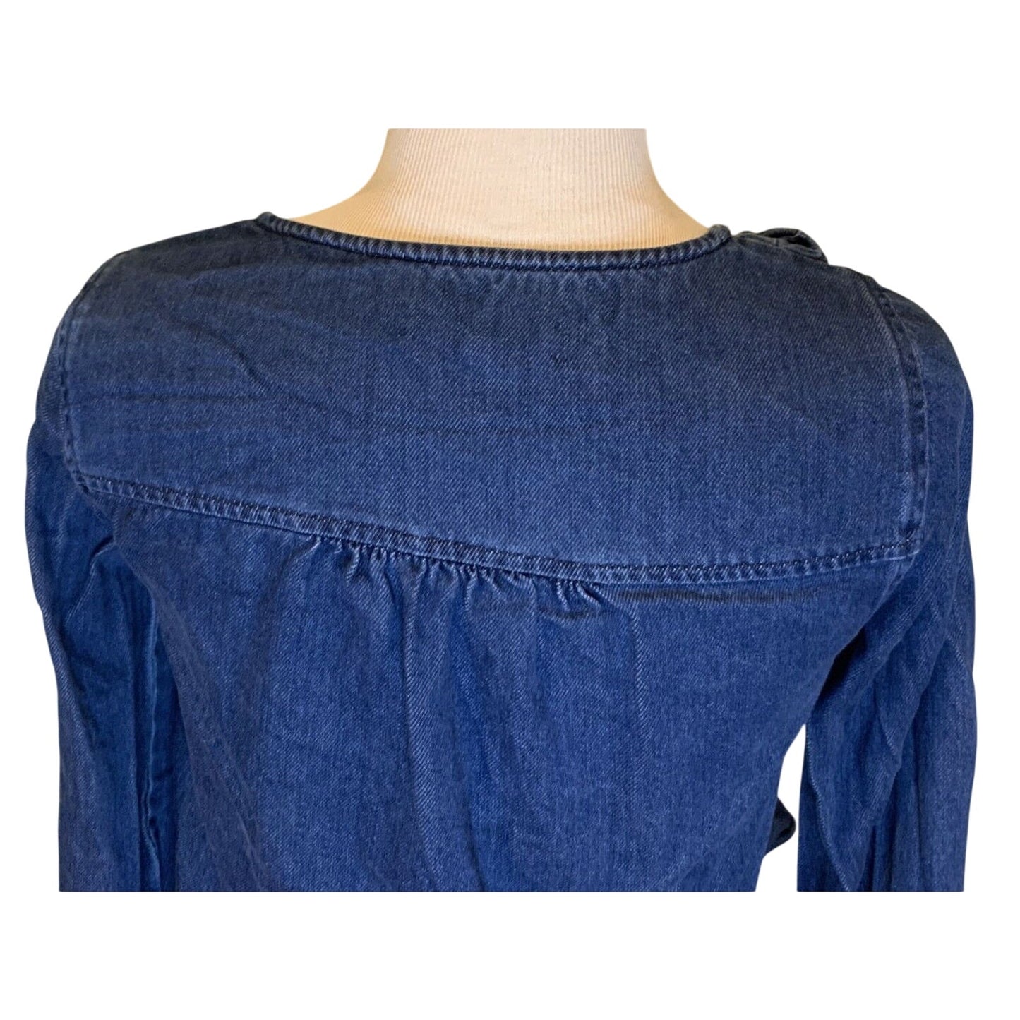 MADEWELL Denim Ruffle Top shirt clare wash $75 BLOGGER FAV SOLD OUT Size S - EUC