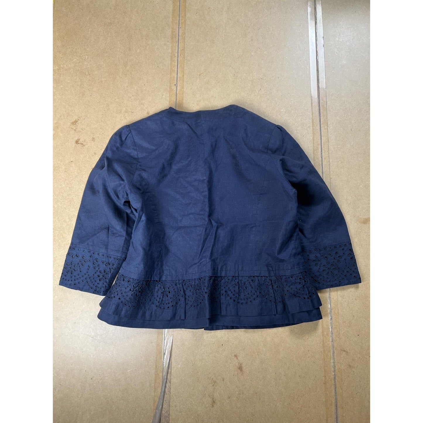 Saint Tropez West Jacket Womens M Blue Linen Collarless Embroidered Ruffle