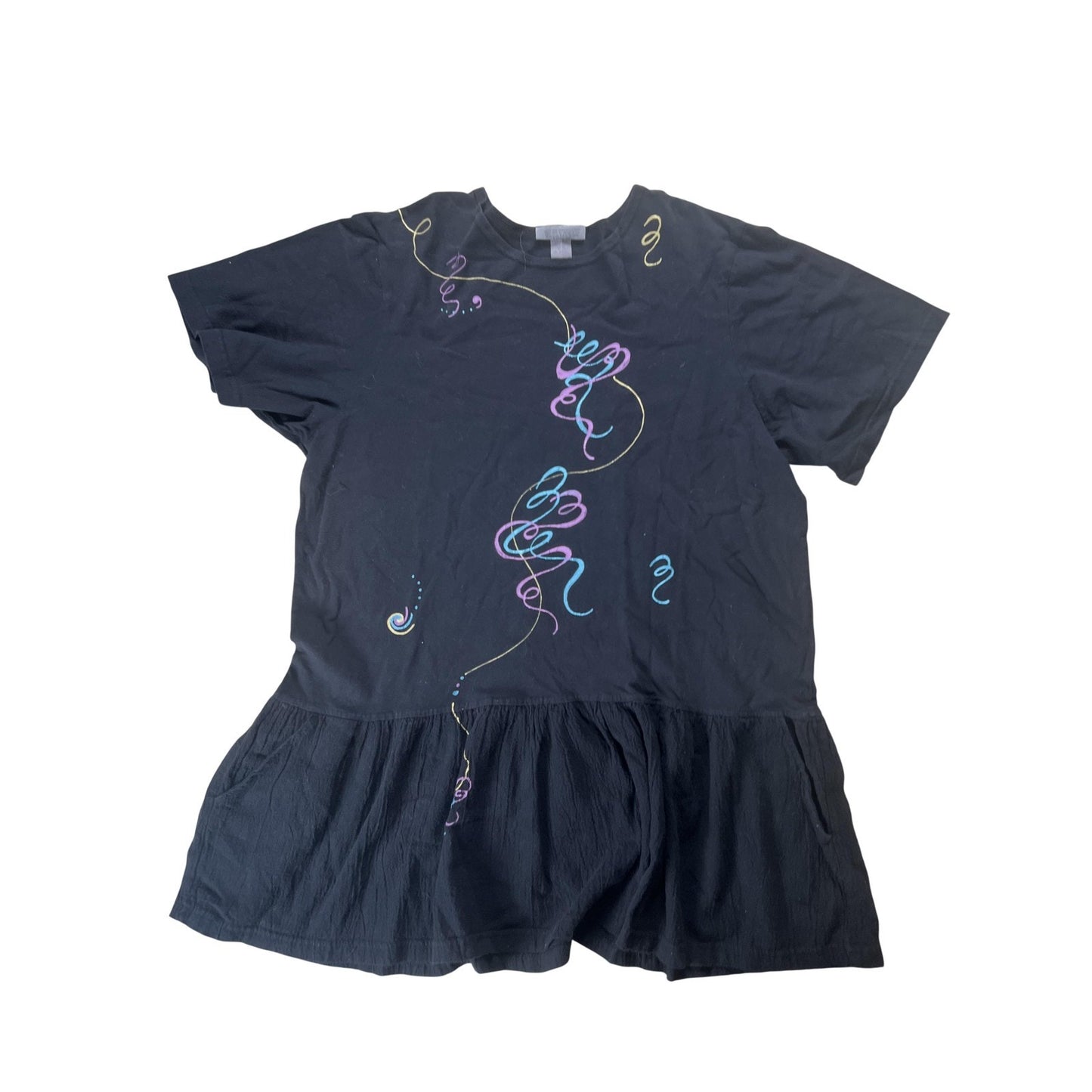 BLUE-EYED BEAR Tunic Womens L Black Ruffle Crew Neck Short Sleeve Casual